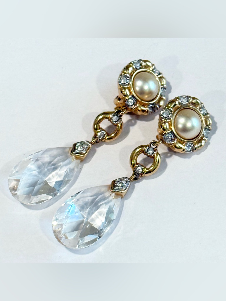 Vintage Swarovski 90s Dangle Clip Earrings Crystal Gold Tone Runway Statement